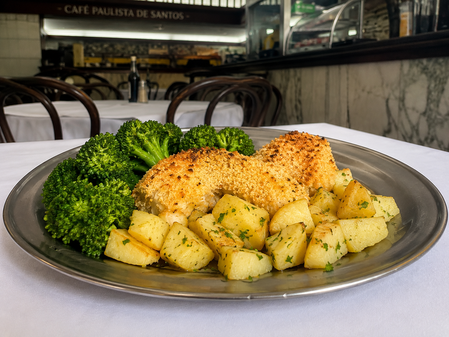 Bacalhau à Paulista — posta alta grelhada ao alho e óleo com brócolis e batata portuguesa